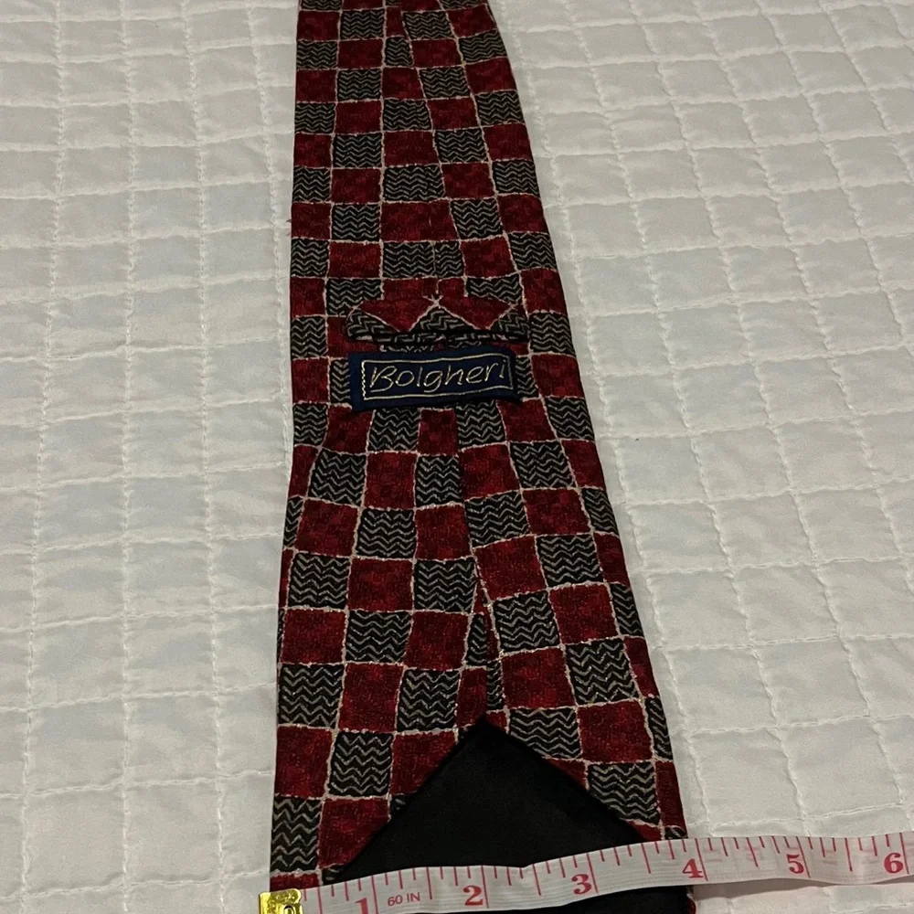 Bolgheri Men’s Vintage Red & Black Checkered Necktie, 100%Silk Made in Italy. - Picture 2 of 3